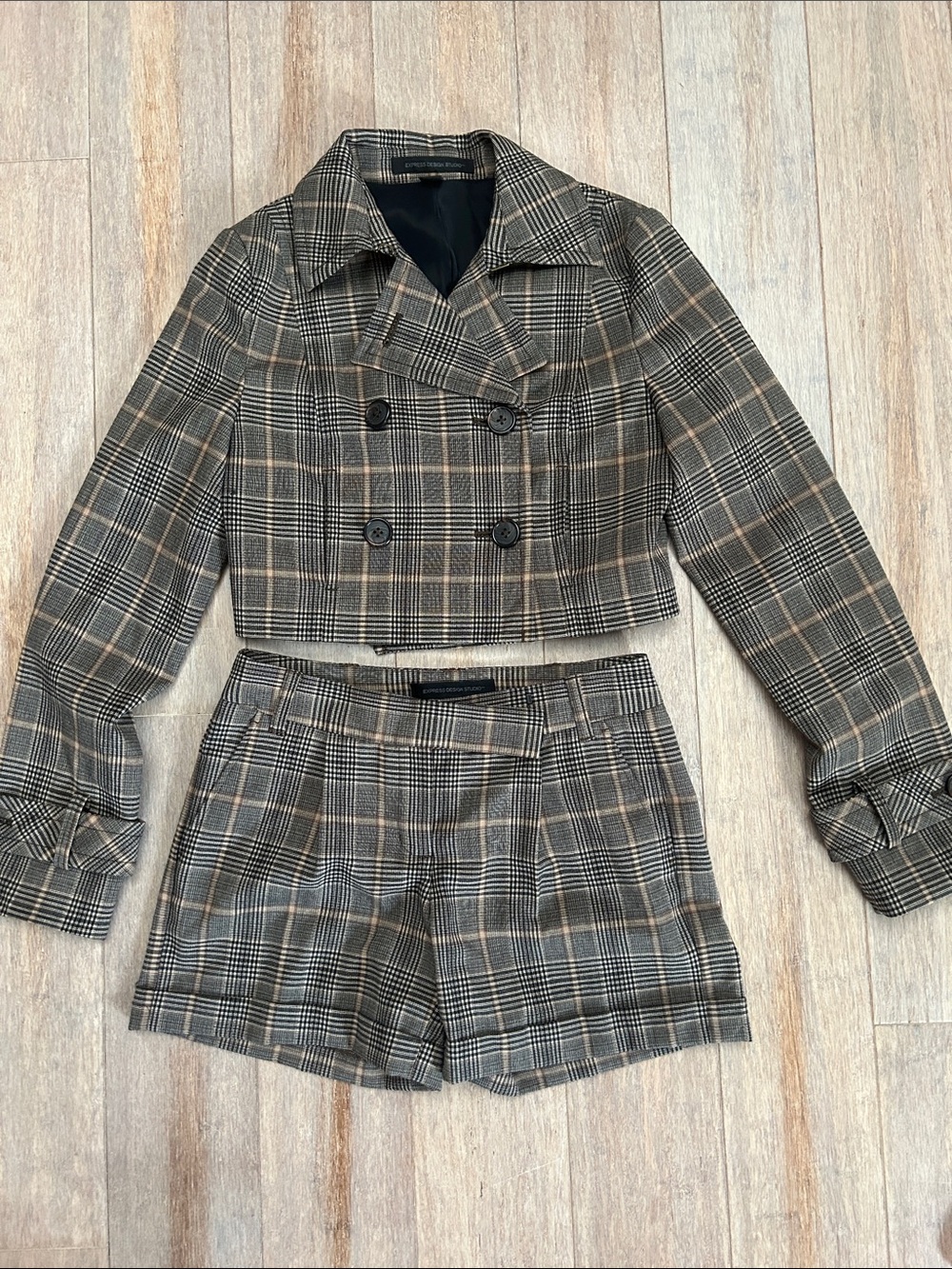 VTG Y2K Plaid Cropped Double-Breasted Jacket & Shorts Set wool blend sz 0
